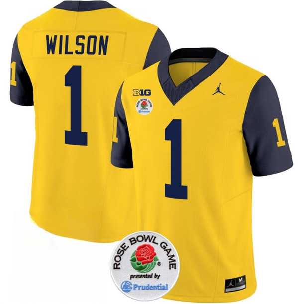 Men%27s Michigan Wolverines #1 Roman Wilson 2023 F.U.S.E. Yellow Navy Rose Bowl Patch Stitched Jersey Dzhi